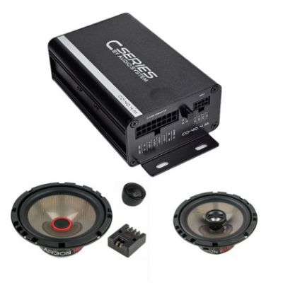 Pachet difuzoare component fata 80W RMS + coaxial spate 70W RMS,  cu amplificator CO-40.4 M 40W RMS, toate in 4 ohm, cu inele difuzoare plug & play