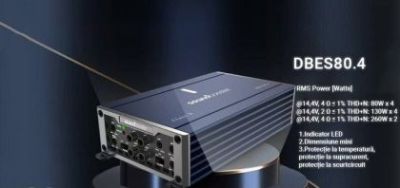 Amplificator audio auto alimentare la 12v D-BES80.4, cu 4 canale, 120W RMS, Clasa D