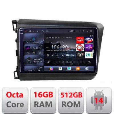 Navigatie Honda Civic 2012-2015 Edotec Kit-132 8 core QLED 2K 16+512GB 360 Android Waze USB Navigatie Internet Youtube Radio